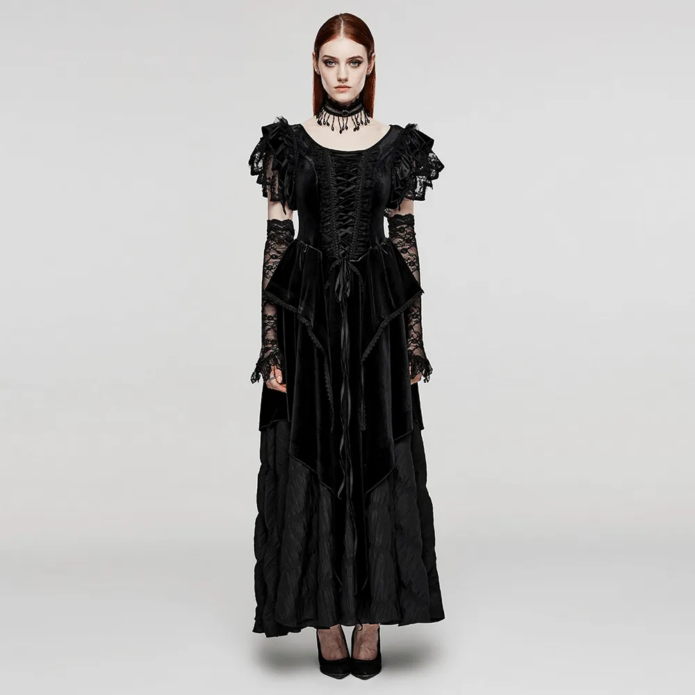 Victorian Elegant Lace Velvet Gothic Dress with Ruffles