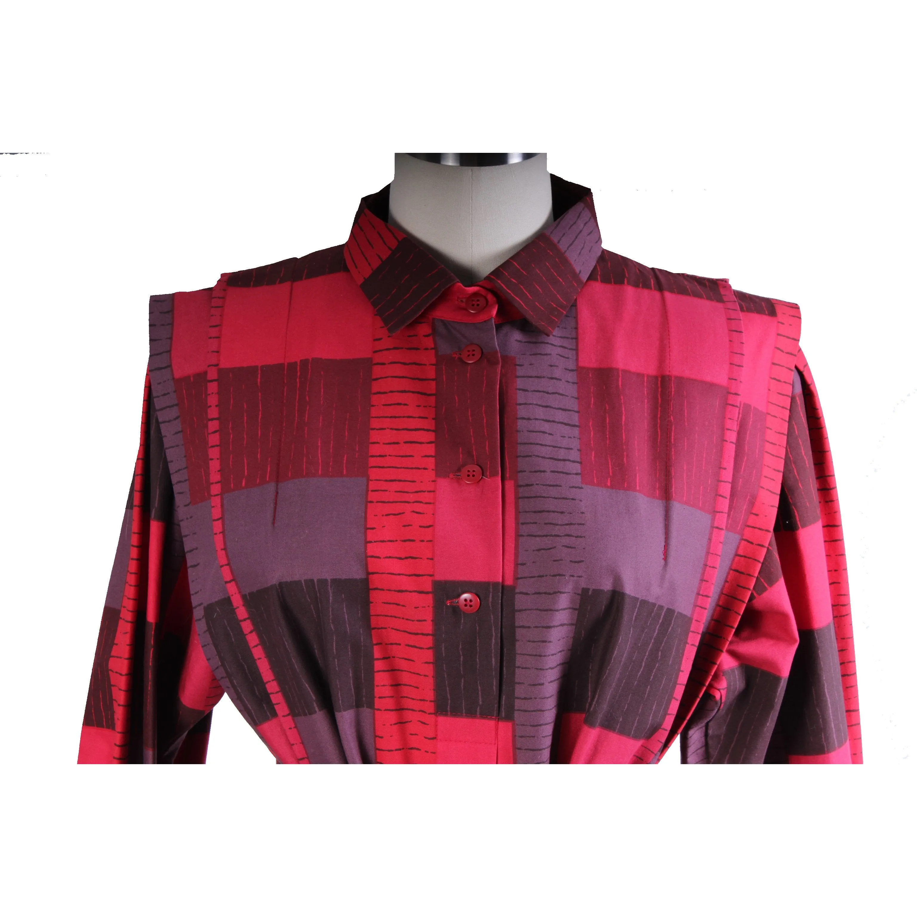 Vintage Marimekko 1980s Cotton Plaid Shirt Tent Maxi Dress Red & Purple  40/12 M/L