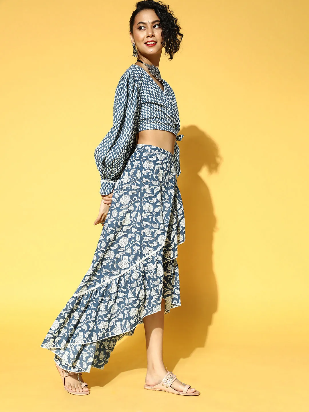 Women Blue & White Cotton Co-Ord Set