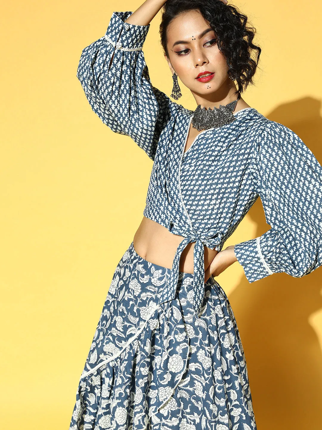 Women Blue & White Cotton Co-Ord Set