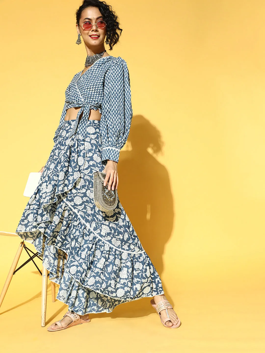 Women Blue & White Cotton Co-Ord Set