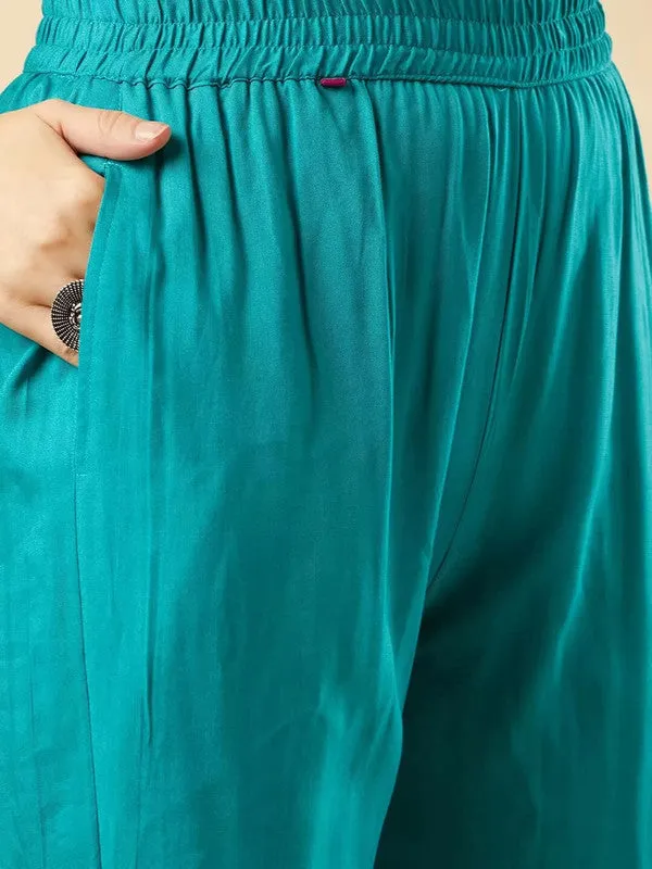 Womens Sky Blue Viscose Cotton Leheriya Printed & Embroidery Kurta Pant Set With Dupatta