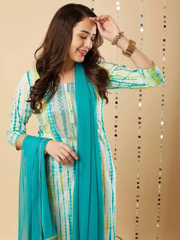 Womens Sky Blue Viscose Cotton Leheriya Printed & Embroidery Kurta Pant Set With Dupatta