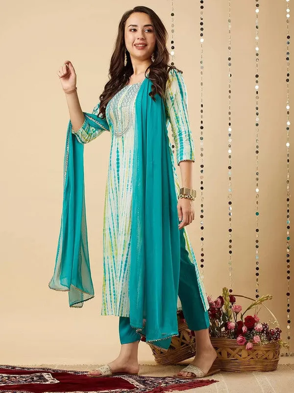 Womens Sky Blue Viscose Cotton Leheriya Printed & Embroidery Kurta Pant Set With Dupatta