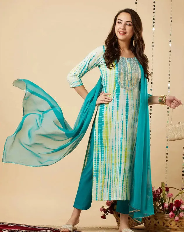 Womens Sky Blue Viscose Cotton Leheriya Printed & Embroidery Kurta Pant Set With Dupatta