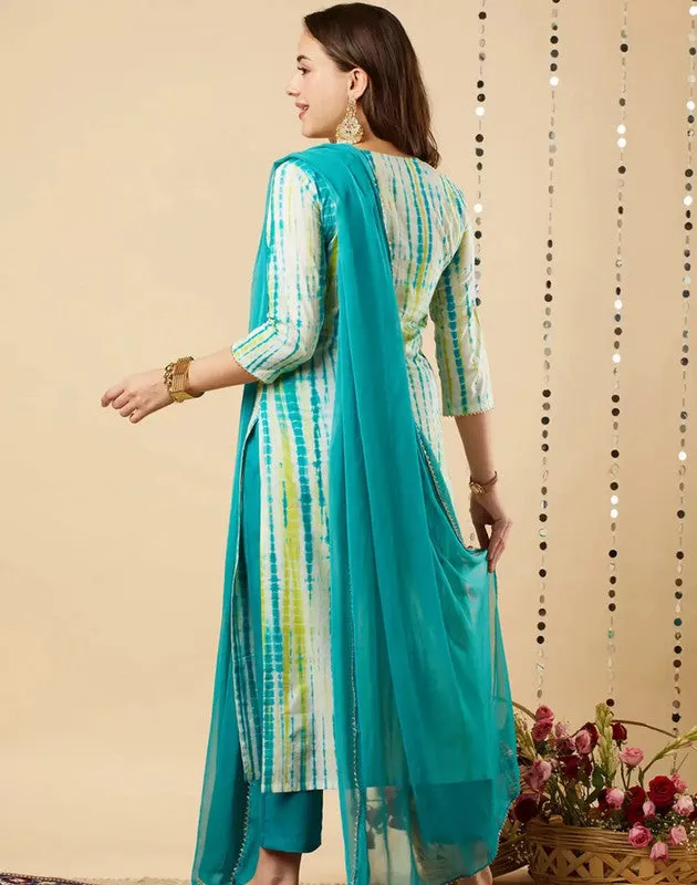 Womens Sky Blue Viscose Cotton Leheriya Printed & Embroidery Kurta Pant Set With Dupatta